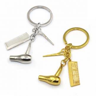 Hairdresser key chain with scissors, hairdryer and comb